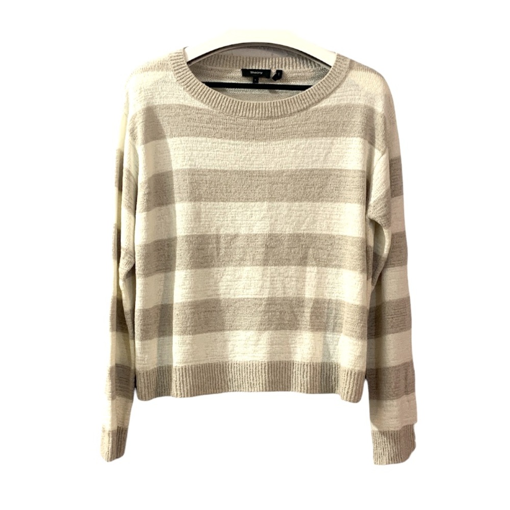 Theory Sweater Tonal Stripe White Light Oatmeal Sash Large Crewneck Coastal